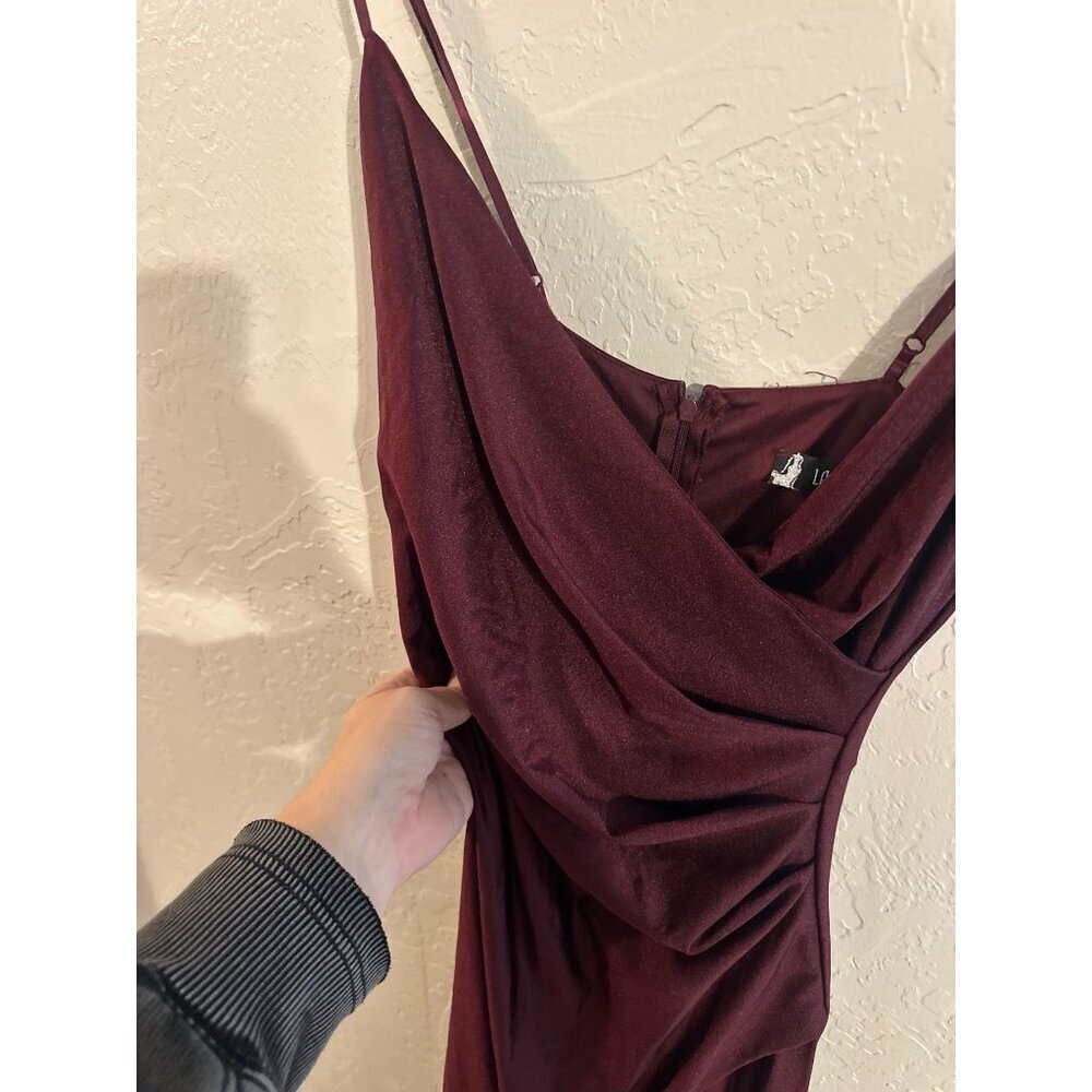 Y La Scala 90’s Burgundy Moody V Neck Spaghetti Strap Ruched Long Evening Gown - Picture 11 of 16